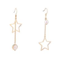 Brass Asymmetric Earrings, with Plastic Pearl, Star, gold color plated, for woman, 69*22mm,66*22mm 