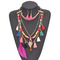 Fashion Zinc Alloy Jewelry Sets, with Cotton Thread & Seedbead & Feather, brass earring hook, plated, 2 pieces & multilayer & for woman .8 Inch 