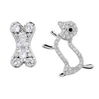 Asymmetric Earrings, Brass, with Cubic Zirconia, Dog and Bone, platinum plated, micro pave cubic zirconia & for woman, 17*10mm,21*15mm 