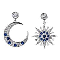 Asymmetric Earrings, Brass, with Cubic Zirconia, Moon and Star, platinum plated, micro pave cubic zirconia & for woman, 27*19mm 