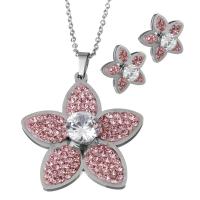 Bijoux strass en acier inoxydable Set, Boucle d’oreille stud & collier, avec argile, fleur, chaîne ovale & pour femme & avec strass, couleur originale 2mm Environ 18 pouce, Vendu par fixé