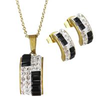 Bijoux strass en acier inoxydable Set, Boucle d’oreille stud & collier, avec argile, Placage de couleur d'or, chaîne ovale & pour femme & avec strass 1.5mm Environ 17.5 pouce, Vendu par fixé