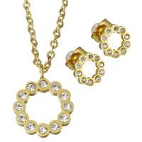 Rhinestone Edelstahl Schmuck Set, Stud Ohrring & Halskette, goldfarben plattiert, Oval-Kette & für Frau & mit Strass, 14x18mm,2mm,9x9mm, Länge:ca. 19.5 ZollInch, verkauft von setzen