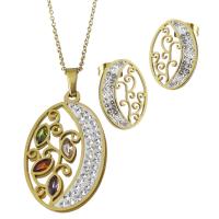 Bijoux strass en acier inoxydable Set, Boucle d’oreille stud & collier, avec argile & strass, avec 2inch chaînes de rallonge, Placage de couleur d'or, chaîne ovale & pour femme 1.5mm Environ 17.5 pouce, Vendu par fixé