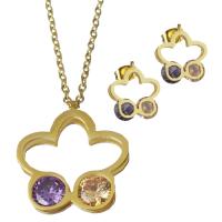 Bijoux strass en acier inoxydable Set, Boucle d’oreille stud & collier, avec strass, fleur, Placage de couleur d'or, chaîne ovale & pour femme 2mm Environ 19.5 pouce, Vendu par fixé