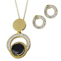 Bijoux strass en acier inoxydable Set, Boucle d’oreille stud & collier, avec argile & résine, Placage de couleur d'or, chaîne ovale & pour femme 41.5mm,1.5mm Environ 17.5 pouce, Vendu par fixé