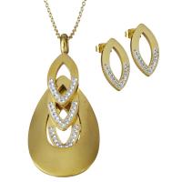 Bijoux strass en acier inoxydable Set, Boucle d’oreille stud & collier, avec argile, Placage de couleur d'or, chaîne ovale & pour femme 1.5mm Environ 18 pouce, Vendu par fixé