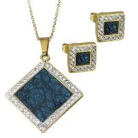 Bijoux strass en acier inoxydable Set, avec Autocollant époxyde & argile, Carré, Placage de couleur d'or, chaîne ovale & pour femme 1.5mm Environ 17.5 pouce, Vendu par fixé