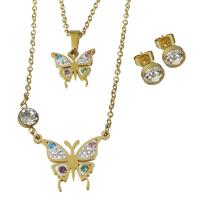 Bijoux strass en acier inoxydable Set, Boucle d’oreille stud & collier, avec argile, papillon, Placage de couleur d'or, chaîne ovale & pour femme & avec strass  2mm Environ 17 pouce, Vendu par fixé