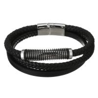 Edelstahl Armband, mit Leder, für den Menschen & Multi-Strang, originale Farbe, 44x10mm,6mm,30x14mm, Länge:ca. 8.5 ZollInch, verkauft von Strang