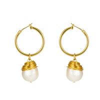 Zinc Alloy Huggie Hoop Drop Earring, with ABS Plastic Pearl, gold color plated, for woman 