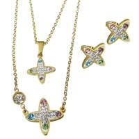 Bijoux strass en acier inoxydable Set, Boucle d’oreille stud & collier, avec argile, Placage de couleur d'or, Double couche & chaîne ovale & pour femme  2mm Environ 17.5 pouce, Vendu par fixé