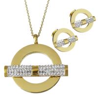 Bijoux strass en acier inoxydable Set, Boucle d’oreille stud & collier, avec argile, Placage de couleur d'or, chaîne ovale & pour femme 1.5mm Environ 17.5 pouce, Vendu par fixé