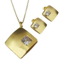 Bijoux strass en acier inoxydable Set, Boucle d’oreille stud & collier, avec strass, Carré, Placage de couleur d'or, chaîne ovale & pour femme 1.5mm Environ 17.5 pouce, Vendu par fixé