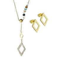 Bijoux strass en acier inoxydable Set, Boucle d’oreille stud & collier, avec Des billes de verre & argile, Placage de couleur d'or, chaîne ovale & pour femme 2mm Environ 18 mm, Vendu par fixé