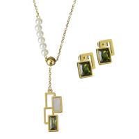 Bijoux strass en acier inoxydable Set, Boucle d’oreille stud & collier, avec strass & perle de plastique, Placage de couleur d'or, chaîne ovale & pour femme 2mm Environ 18.5 pouce, Vendu par fixé