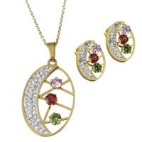 Bijoux strass en acier inoxydable Set, Boucle d’oreille stud & collier, avec argile, avec 2inch chaînes de rallonge, Placage de couleur d'or, chaîne ovale & pour femme & avec strass 1.5mm Environ 17.5 pouce, Vendu par fixé