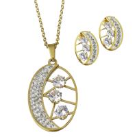 Bijoux strass en acier inoxydable Set, Boucle d’oreille stud & collier, avec argile, Placage de couleur d'or, chaîne ovale & pour femme & avec strass 2mm Environ 19.5 pouce, Vendu par fixé