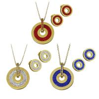 Bijoux strass en acier inoxydable Set, Boucle d’oreille stud & collier, avec argile, Placage de couleur d'or, chaîne ovale & pour femme, plus de couleurs à choisir 1.5mm Environ 17.5 pouce, Vendu par fixé