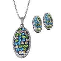 Bijoux strass en acier inoxydable Set, Boucle d’oreille stud & collier, avec argile, chaîne ovale & pour femme, couleur originale 2mm Environ 17.5 pouce, Vendu par fixé