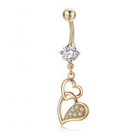 brass piercing barbell, metal, con acero inoxidable 316L, Corazón, chapado, micro arcilla de zirconia cúbica & para mujer, más colores para la opción, 12.5x46mm, Vendido por UD