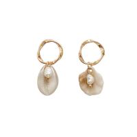 Brass Asymmetric Earrings, with ABS Plastic Pearl & Shell, plated, for woman 25mm 