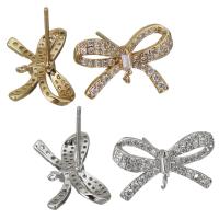 Brass Earring Stud Component, Bowknot, high quality plated & with loop & micro pave cubic zirconia 0.8mm,0.5mm Approx 0.5mm 