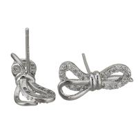 Brass Earring Stud Component, Bowknot, silver color plated, high quality plated & with loop & micro pave cubic zirconia 0.8mm Approx 1mm 