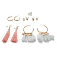 alliage de zinc Boucles d'oreilles, Boucle d’oreille stud & boucle d'oreille, avec Fil de coton & perle de plastique, Placage de couleur d'or, 6 pièces & pour femme & avec strass é, Vendu par fixé