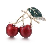 Rhinestone Zinc Alloy Brooch, Cherry, gold color plated, for woman & enamel & with rhinestone 25*35mm 