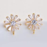 Brass Earring Stud Component, with Cubic Zirconia, Flower, real gold plated, with loop, 15*12mm Approx 2mm 