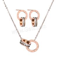 Titanium Steel Jewelry Set, Stud Earring & necklace, stainless steel lobster clasp, stainless steel post pin, rose gold color plated, with letter pattern & micro pave rhinestone & for woman Approx 21.7 Inch 