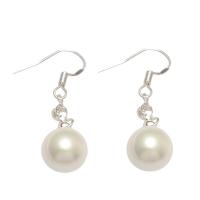 pendiente gota de concha de mar del sur, Shell Pearl, latón aro de pendiente, Esférico, chapado en color de plata, para mujer, Blanco, 10mm, Vendido por Par