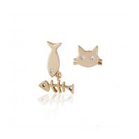 Brass Asymmetric Stud Earrings, fashion jewelry & for woman & with rhinestone, golden 