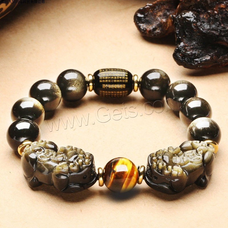 Gold Obsidian Bracelet, Mythical Wild Animal, polished, different size for choice & for man, black, Length:Approx 7.8 Inch, Sold By Strand