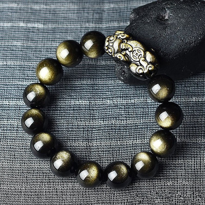 Gold Obsidian Bracelet, Mythical Wild Animal, polished, different size for choice & for man, black, Length:Approx 7.8 Inch, Sold By Strand