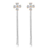 Brass Split Earring, Four Leaf Clover, plated, micro pave cubic zirconia & for woman 