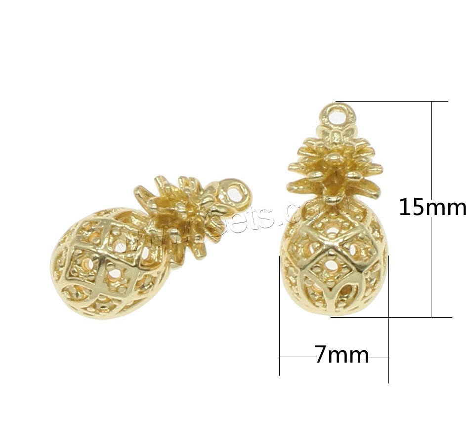 Messing Obst Anhänger, Ananas, plattiert, hohl, keine, 15x7mm, Bohrung:ca. 0.5mm, 50PCs/Tasche, verkauft von Tasche