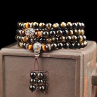 Gold Obsidian Bracelet, with Tiger Eye & Tibetan Silver, polished, Unisex & multi-strand 