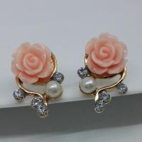 Zinc Alloy Rhinestone Stud Earring, with ABS Plastic Pearl & Resin, Flower, gold color plated, for woman & with rhinestone 