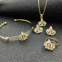 Strass Zink Legierung Schmuck Set, Zinklegierung, Stud Ohrring & Armreif & Fingerring & Halskette, Krone, goldfarben plattiert, einstellbar & Oval-Kette & für Frau & mit Strass, 17x23mm,16x17mm, Innendurchmesser:ca. 50mm, Größe:8, Länge:ca. 17.72 ZollInch, verkauft von setzen