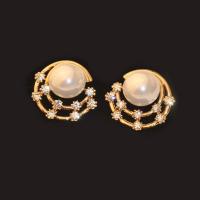 Zinc Alloy Rhinestone Stud Earring, with ABS Plastic Pearl, gold color plated, for woman & with rhinestone, 60mm 