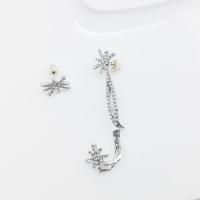 Zinc Alloy Asymmetric Stud Earrings, Snowflake, silver color plated, for woman & with rhinestone, 54mm 