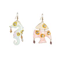 Zinc Alloy Asymmetric Earrings, with enamel, for woman & with rhinestone, 7.6cmX3.6cm,7.1cmX4.3cm 