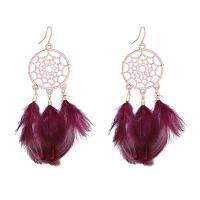 alliage de zinc Boucle d'oreille de Dreamcatcher, avec plume, Attrapeur de rêves, Plaqué d'or, pour femme, plus de couleurs à choisir, 91mm, Vendu par paire