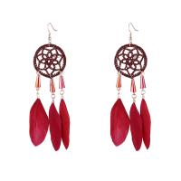 alliage de zinc Boucle d'oreille de Dreamcatcher, avec plume & corde en nylon, Attrapeur de rêves, Plaqué d'or, pour femme, plus de couleurs à choisir, 120mm, Vendu par paire