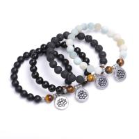 Gemstone Bracelets, Tiger Eye, with ​Amazonite​ & Lava & Black Agate, plated, Unisex .2 Inch, 3/Lot 