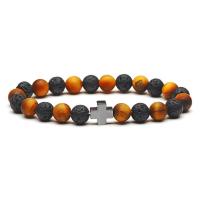 Gemstone Bracelets, Lava, with Tiger Eye & Hematite & Black Agate, plated, Unisex .2 Inch 