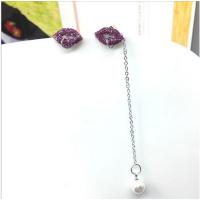 Zinc Alloy Asymmetric Stud Earrings, with ABS Plastic Pearl, Lip, platinum color plated, for woman & with rhinestone, purple 100mm 