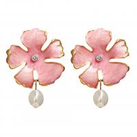 Boucle d'oreille en alliage de zinc en plastique perle, avec perle de plastique & émail, fleur, pour femme & avec strass, rose Vendu par paire